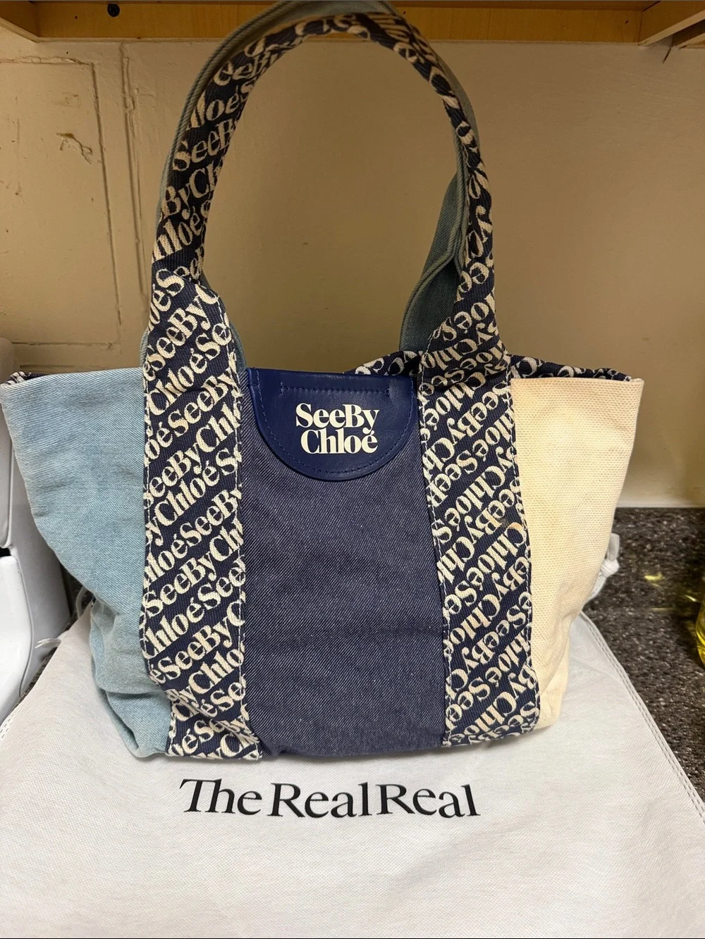 See By Chloe Navy and Cream Denim Hobo